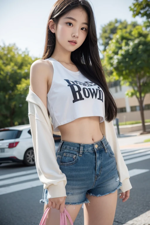 Top image quality、RAW photography、超A high resolution、Cute girl at 18 years old、Limited to one person、Round chest、T-shirt、Black  shorts、Beautiful Eyes of Details、Very slender eyes、Beautiful eyelashes、beautiful double eyelid、White walls、Beautiful waist、Very slender legs、Light brown shorthair、Very slim physique