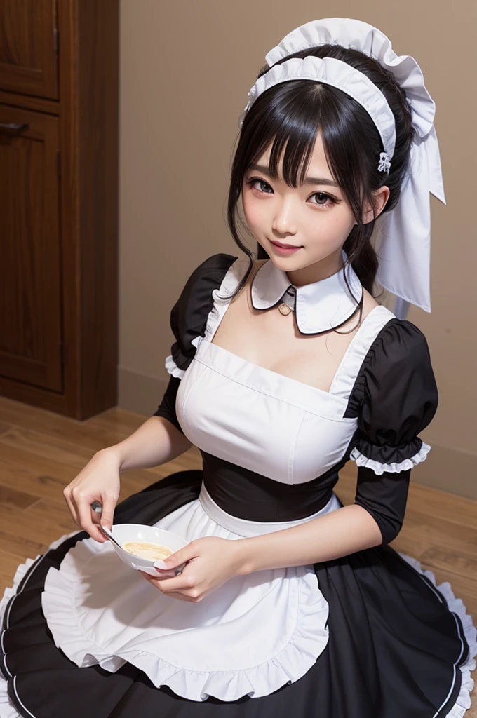 Best-quality, Masterpiece, Ultra-High-Resolution, (Photorealistic:1.4), Raw-Photo, 1girl, the most famous Japanese idol, ((wearing only French-maid-costume with cute-design)), sitting on bed, face-focus, portrait, looking at viewer, blushing, innocent smile, extremely cute face like the most popular Japanese idol, ((extremely beautiful big-black-eyes)), extremely beautiful hair, extremely beautiful lips, extremely beautiful long-eyelashes, extremely beautiful skins, ((detailed French-maid-costume-with-cute-design))