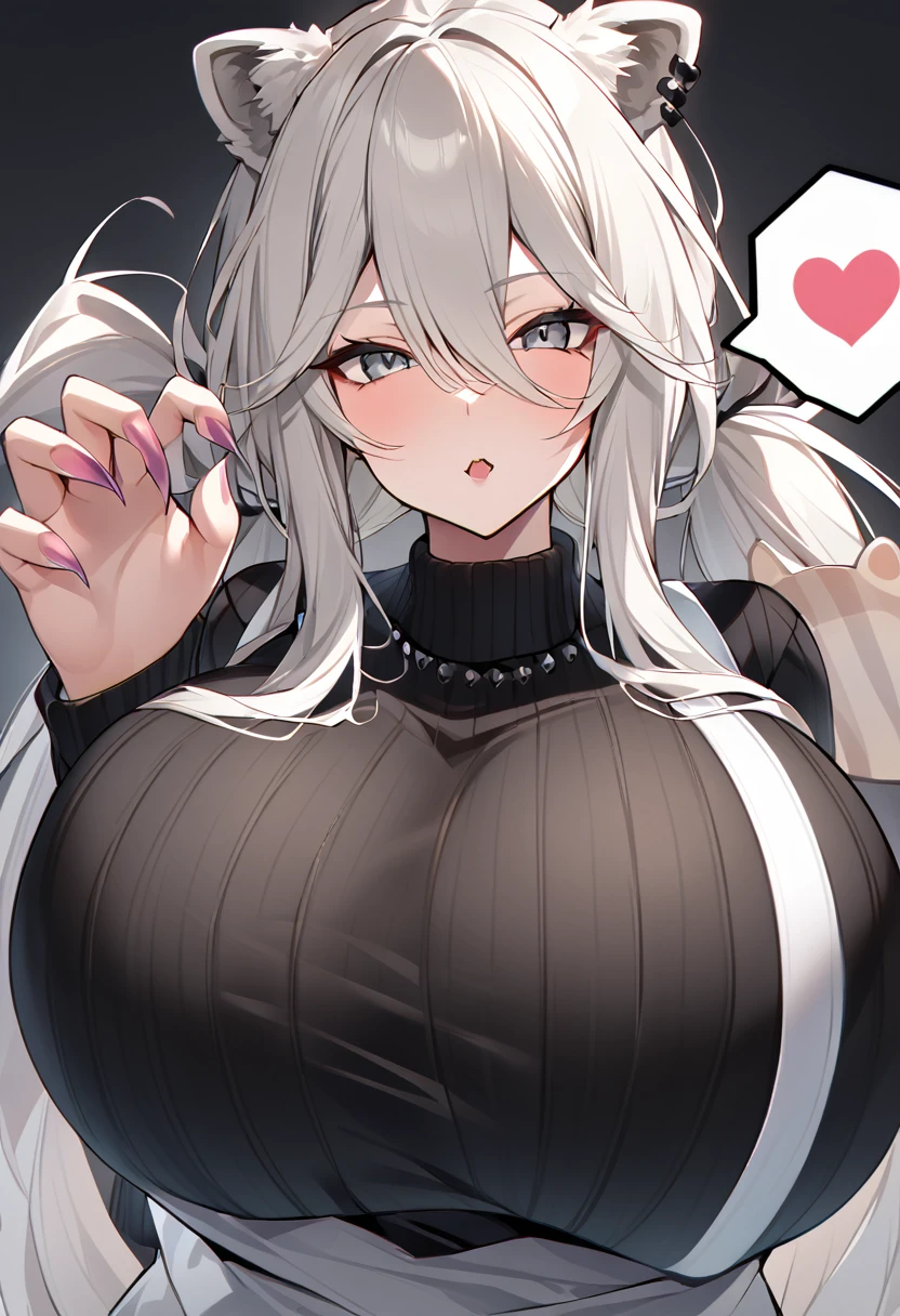 Shishirabotan、Black knitted clothes、Vertical sweater clothes、Black sweater、Huge breasts:1.5、sagging breast:1.5、1girl、portrait、spoken heart、face focus、straight hair、Twin tails、Slightly messy hair、White lion、claw pose