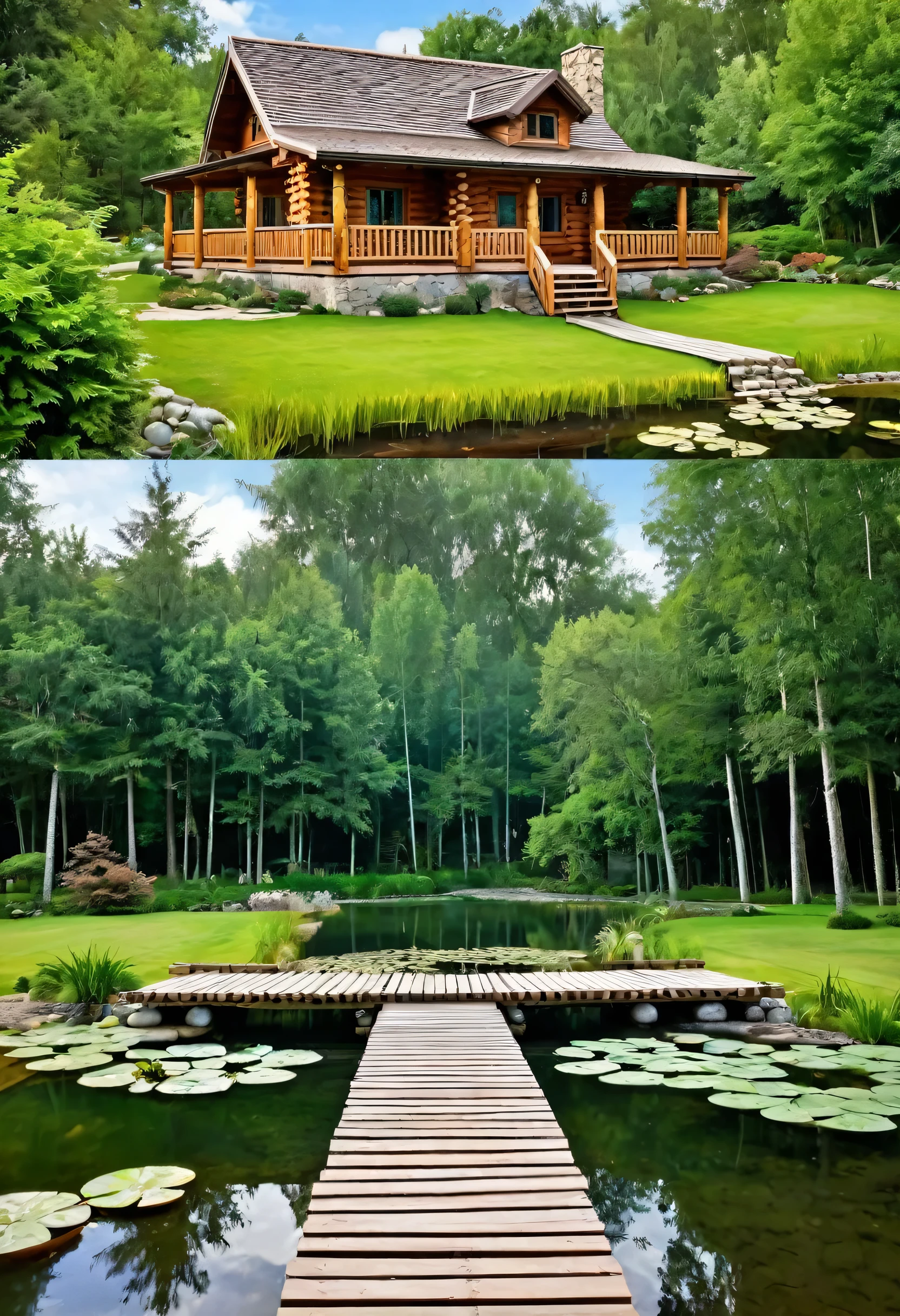 A majestic log cabin, nestled amidst a serene landscape, exudes a sense of tranquility and luxury. The cabin's rustic charm is enhanced by the surrounding gardens, complete with a series of interconnected ponds and a charming wooden bridge. The distant forest provides a breathtaking backdrop, creating a sense of harmony and peace.