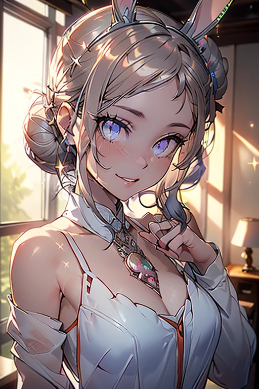 (((Masterpiece))),(((Super Detail))),(((in 8K))),(((best composition))),(((Rim lighting,Fireglow effect,deep shadow))),solo),Beautiful fingers,Detailed finger features,(Detailed hair features:1.7),(Dynamic and sexy bending pose:1.3),detailed facial features,detailed clothes features, (perky chest:1.1), (pointed chest:1.3), delicate beautiful face, Bright blue eyes, cute eyes, sparkling eyes, Big eyes, beautiful detailed eyes,double bun with glittering hair ornament:0.6,(super detailed glossy skin:1.3),slender body,goddess smile,((with sparkling eyes and a contagious smile)),beautiful illustration, best quality, cute girl, bedroom, pastel color, fluffy bunny ears, , silver long hair, rabbit stuffed toy, bright lighting, light pink eyes