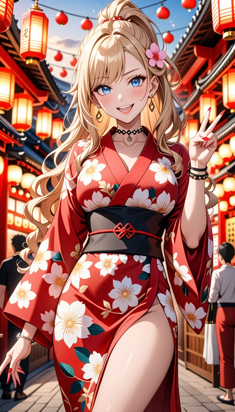 ((one girl)), hyper detailed, absurdres, 8K,Cute face, Beautiful Face, ((Doing sexy poses:1.2)), ((teasing smile:1.8)), ((Wink:1.8)), (Laugh with your mouth wide open),(Tilt your head:1.3), View your viewers, ((Bright red cheeks:1.6)),Glossy Red Lips, ((Big Breasts:1.4)) night, Shrine festival stalls, (Brighten your face), ((Anime style background)),masterpiece, Highest quality, so beautiful,Latest, Complex details, (Pink long nails), (nail art), (ring),(bracelet), (helix piercing:1.7), (Floral Choker),AI-generated, Complex,High resolution, Highest quality, super high quality,3D Images、3D Images,One person,Blonde long hair,(High Ponytail), (Wavy Hair), Anime woman posing for a photo, ((Fine grain、blue eyes、Shining Eyes:1.4)), (Squint your eyes:1.1),a hyperRealistic , hyperRealistic , Realistic,Long blonde anime woman, Smooth anime CG art, Pink large floral patternの刺繍が入った、A girl in a gorgeous kimono, ((White long-sleeved kimono)),(Pink large floral pattern) ,Long flower hair ornament,Floral Earrings, (black high heel sandals), Mature Body, expensive,Abdominal muscles,Tight waist,((full body:1.2)), (front view),