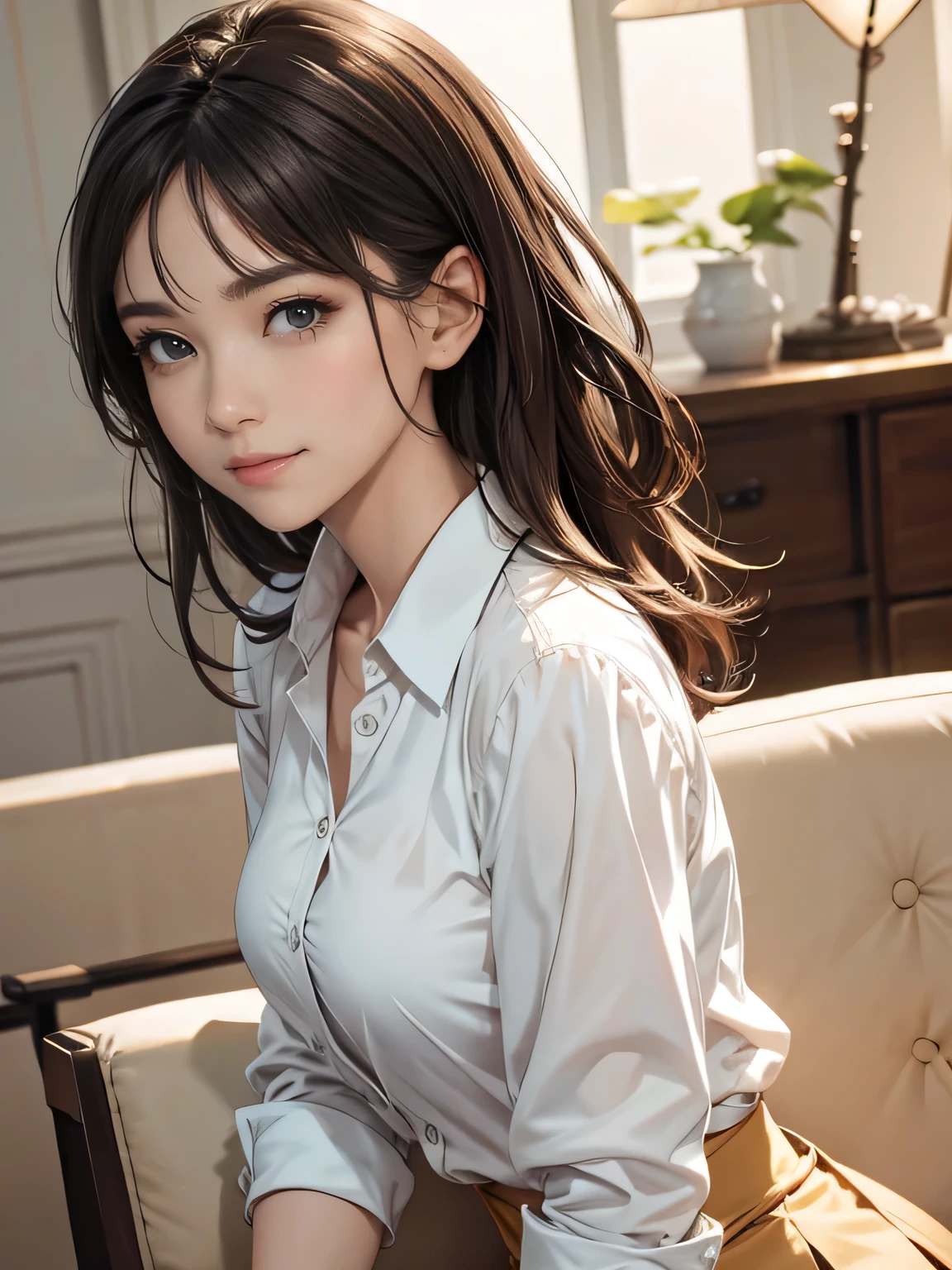 raw photo, 1girl, medium breast, collared blouse, light smile, detailed skin, pore, simple background, photorealistic, masterpiece, best quality, anatomically correct