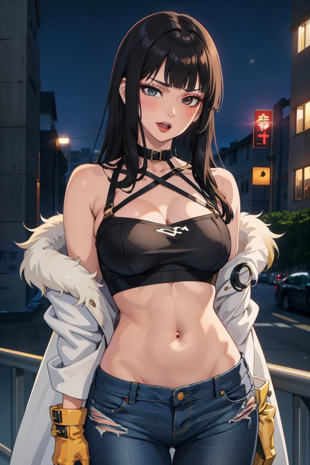 SShutaraV4, 1girl, solo,  long hair, bangs, blunt bangs, (black eyes), (black hair:1.4), makeup, lipstick, red lipstick, ,long hair,mature female,makeup,eyelashes,blush, lipstick, fur trim, mature female, gloves, fur-trimmed coat, outdoors, rooftop, cityscape, building, railing, night sky, scenery, city lights, makeup,eyelashes, blush, lipstick,  jacket, masterpiece,high quality,4k, bare shoulder,belly,crop top,outdoor,cleavage,jeans,casual
dress,street,road,smile, open mouth, holding a gun,handgun, evil expression,
exposed belly, exposed navel, exposed midriff, exposed lower belly, crop top overhang, underboob,
unbuttoned jeans , low rise black jeans, Low rise jeans, Low rise jeans with open fly, navel piercing