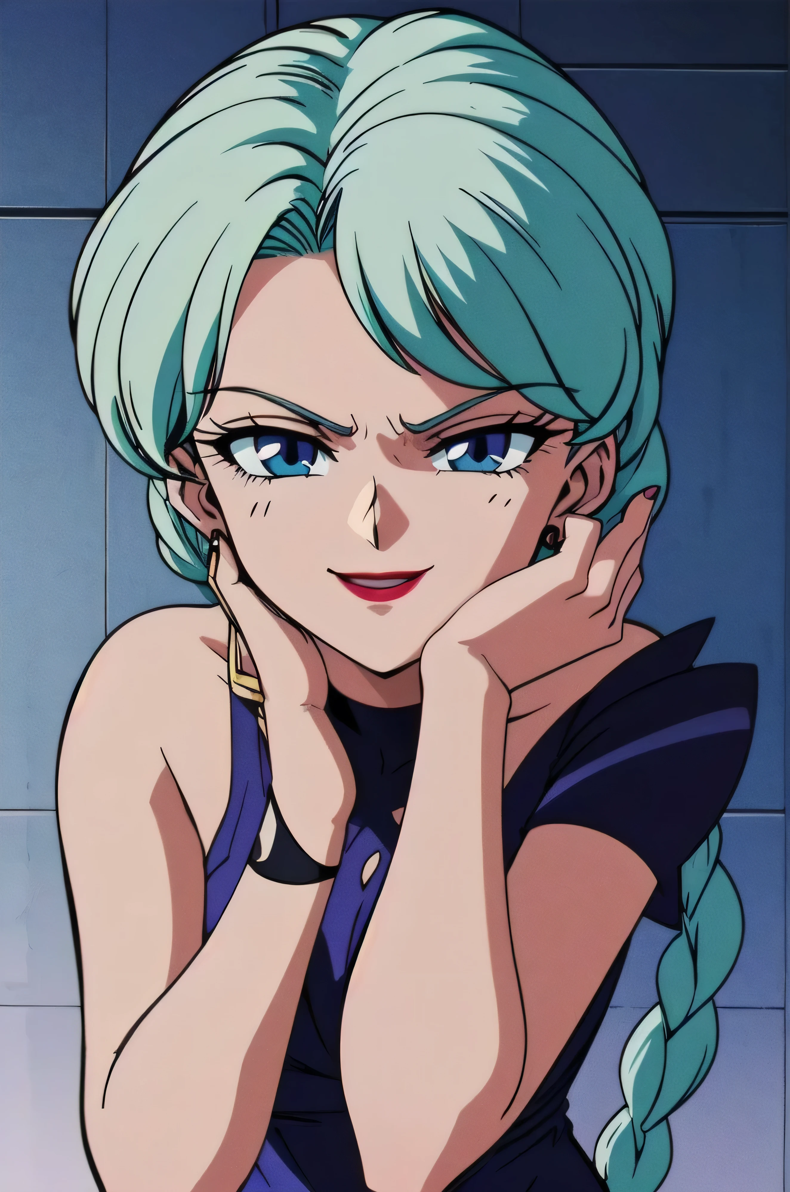 1girl, solo, facing viewer, looking down at viewer,,evil smile, BERTIE,,Highly detailed CG Unity 8K wallpaper, perfect lighting,official art,,(beautiful_face:1.5),(narrow_waist),,Highly detailed CG Unity 8K wallpaper, perfect lighting, anime screencap, retro artstyle, anime coloring, traditional media,evil huge laugh,lipstick,sadistic smile,deep shaded face,single braid,smile worst,worst ridecule,evil moukery,,one braid,lightblue leotard,two hands,five fingers,