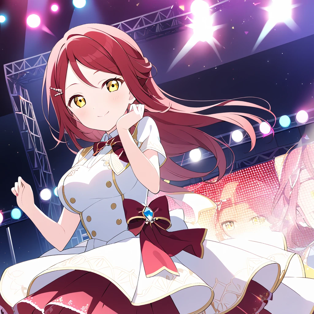 riko sakurauchi, long hair, hair ornament, (yellow eyes:1.3), red hair, hairclip,,, live stage, large Breasts, Formal dress smile　solo

