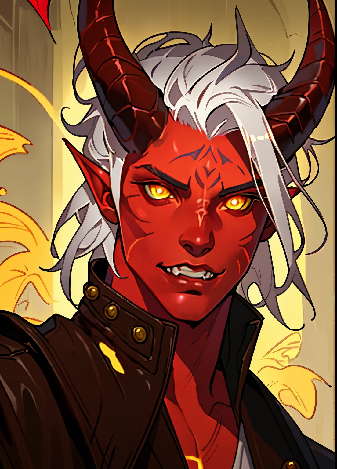 Tiefling, male, pointy ears, horns, solo, white hair, medium hair, red skin, looking at viewer, yellow eyes, colored skin, parted lips, glowing, glowing eyes, portrait, demon boy, facial mark, worn leather duster, brown vest, white shirt, lips, demon horns, black horns, yellow sclera, slit pupils, teeth, yellow eyes, red lips, oni, oni horns, ((masterpiece, best quality)), 