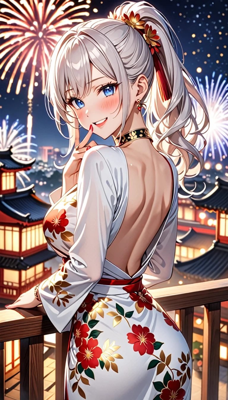 (((Highest quality, Ultra-high resolution、The most complex and detailed depiction)))、((masterpiece:1.3)), (8k, RAW Photos, Best image quality: 1.4), Very detailedな顔、Attention to detail、(Beautiful woman:1.4),(Realistic:1.4) (8k, RAW Photos,), (photo-Realistic:1.2), Very detailed, Beautiful attention to detail, (girl:1.3)Dark eyeliner、Eyelash length、False eyelashes、double eyelid、Brown eyes、Light fluorescent lip gloss, ((hostess:1.2)),(Huge breasts:1.6),、(Cleavage:1.2)、(((Light brown hair、Braiding hair、((Tie the braided hair at the back of your head,Put your braided hair up)))))、Gal-style makeup、Dark eyeliner、Black eyeliner、Heavy eye makeup、Eyelash length、False eyelashes、Eyelash length、Big eyes、Big black eyes、Big eyes、elongated nose、Heavy makeup、Face with gills、Spread your legs and face forward.、(((whole body)))、sexy、Glamorous Body、(Saggy breasts、Large saggy breasts)、((Sweat、Your body is wet))、((Enjoy watching the fireworks from the balcony of your home)),Yellow yukata、Look back here