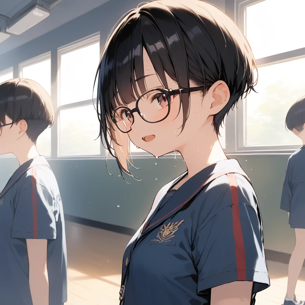 3 japanese school girls,changing underwear at rocker room, with glasses, With short hair, wearing small round glasses, girl cute-fine-face, Japanese Models, bespectacled ,8k quality,smile