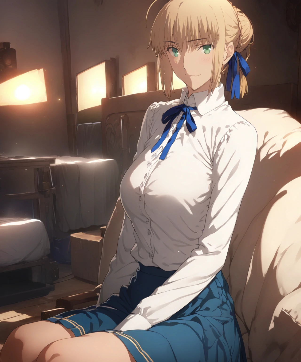 best quality, amazing quality, very aesthetic, 1girl, saber, fate/stay night, 1girl, saber, fate/stay night, , (artist official art:1.5), french braid bun hair, ahoge_hair, green eyes, large breasts, jitome, cinematic light, white_button_up_shirt, blue_neck_ribbon, blue_skirt, sit, on bedroom happy, smile, blush, night, looking_at_viewer, oily_skin, sexy, from_the_front