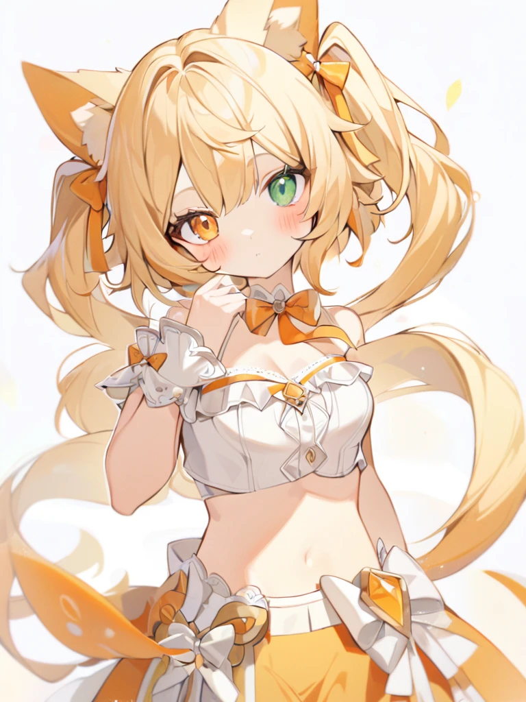 1girl, Cute girl, big eyes,Nice face,The fox girl,bangs, bare shoulders, blonde hair, blush, bow, breasts, white cleavage, cropped torso, , green eyes, hair ribbon, heterochromia,  stlooking at viewer, , orange bow, orange eyes, orange ribbon,  stuffed toy, twintails, upper body, full-length, white legbands, white shoes with lace and white bows, white background, wrist cuffs, yellow eyes, bloomers, close-up, fair skin frills, lace, midriff, skirt, solo, , white background,shorts, white top with ribbon and lace and trousers,trousers, genshin,white slippers with a bow,All clothes are white, laceAt full height, it stands, в полный рост