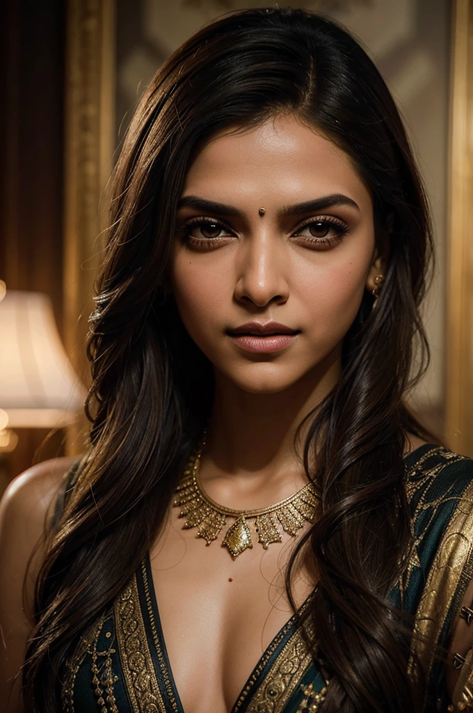 A breathtaking portrait of Deepika Padukone, the elegant Lebanese milf woman, posing naked with a subtle smile. Soft rim ambient lighting casts a warm glow on her undercut hair and hyper-realistic skin texture, accentuating her perfect symmetric eyes and sharp facial features. The camera captures a stunning cleavage and big buttocks, creating a sense of depth and dimensionality. Shot on an 8K DSLR Fujifilm XT3 with film grain-like quality, the image exudes richness and vibrancy, evoking the masterpieces of Jeremy Mann, Carne Griffiths, or Robert Oxley. The golden ratio guides the composition, drawing the viewer's eye to Deepika's striking features. A masterpiece of fine art photography, this stunning portrait is a true work of art.