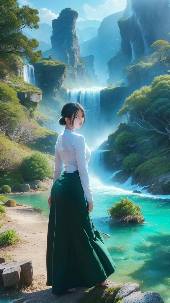 wearing acmm top, olive green acmm top, long slee ves, wearing acmm long skirt, olive green acmm lo ng skirt, printed skirt, skin birght and smooth as wa x, masterpiece, best quality, high quality, extremely detailed CG unity 8k wallpaper, scenery, outdoors, S ky, cloud, day, humans, mountain, landscape, water, tree, blue sky, waterfall, cliff, nature, lake, river, clou dy sky,award winning photography, Bokeh, Depth of Field, HDR, bloom, Chromatic Aberration ,Photoreali stic,extremely detailed, trending on artstation, trend ing on CGsociety, Intricate, High Detail, dramatic, ar t by midjourney,