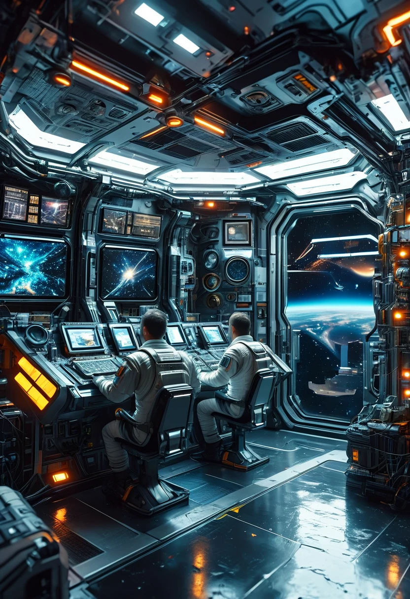 a highly detailed and realistic space station interior, 2 astronauts operating control panels, serious expressions, vast open space, dramatic lighting, cinematic camera angle, ultra-realistic environment, outstanding 8k quality, studio lighting, physically-based rendering, photorealistic, vibrant colors, intricate details, complex machinery, advanced technology, epic sci-fi atmosphere, cinematic composition