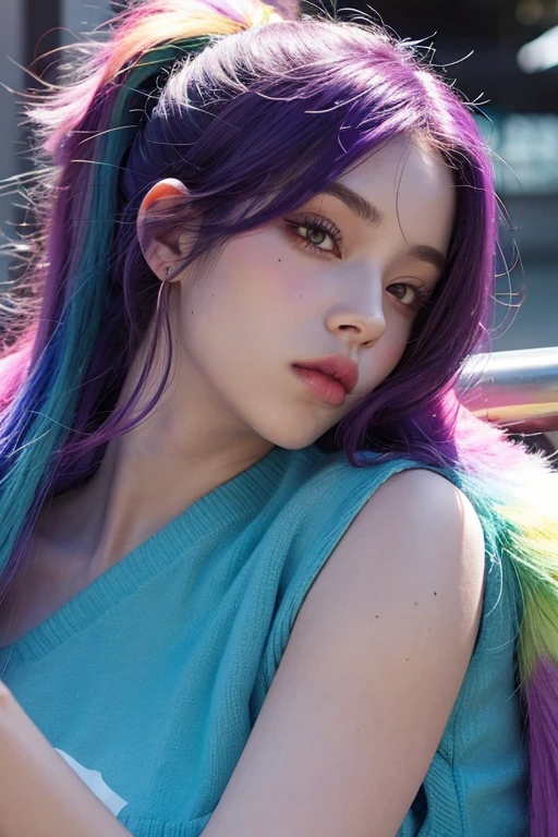 young woman, with long purple hair with blue and green tints, pink eyes, look at the viewer, blue skin, Pink, and yellow glitter, with a cigarette in his hand, portrait, raspberry bright lips, rough facial features, French appearance