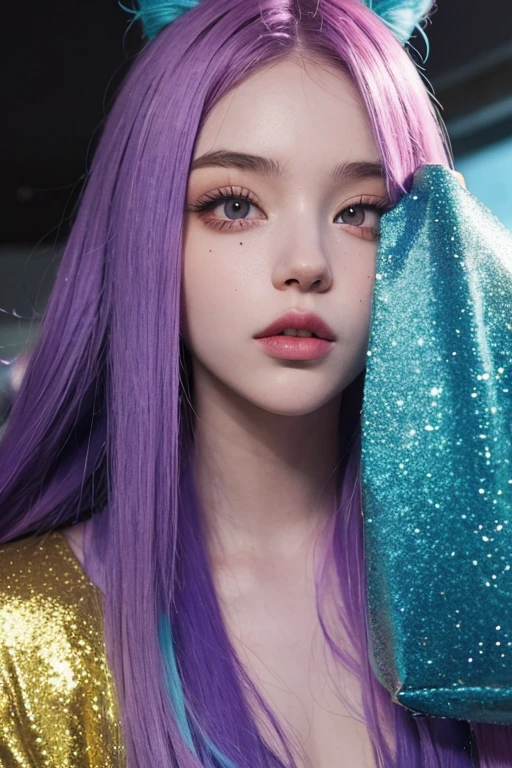 young woman, with long purple hair with blue and green tints, pink eyes, look at the viewer, blue skin, Pink, and yellow glitter, with a cigarette in his hand, portrait, raspberry bright lips, rough facial features, French appearance