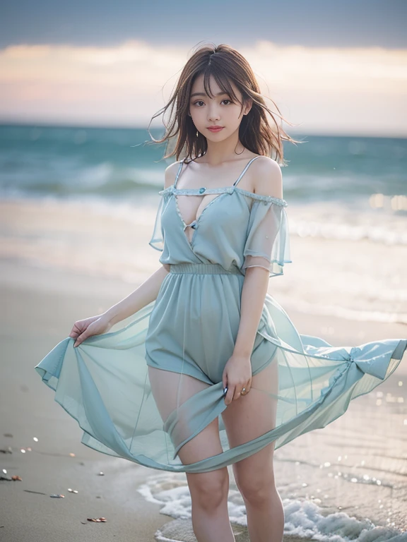 Photo-realistic quality、A Japanese woman standing on the beach wearing a pale gray-blue sheer dress, 、The skirt is transparent due to the backlight、realistic Young Gravure Idol, Young and cute gravure idol, Young Sensual Gravure Idol, Young and skinny gravure idol, Japanese Model, Young Gravure Idol, Girl cute beautiful face, Cute seductive smile, A sophisticated gravure idol, Beautiful Japanese girl face、looking at the camera、Detailed and beautiful eyes、A soft and gentle look