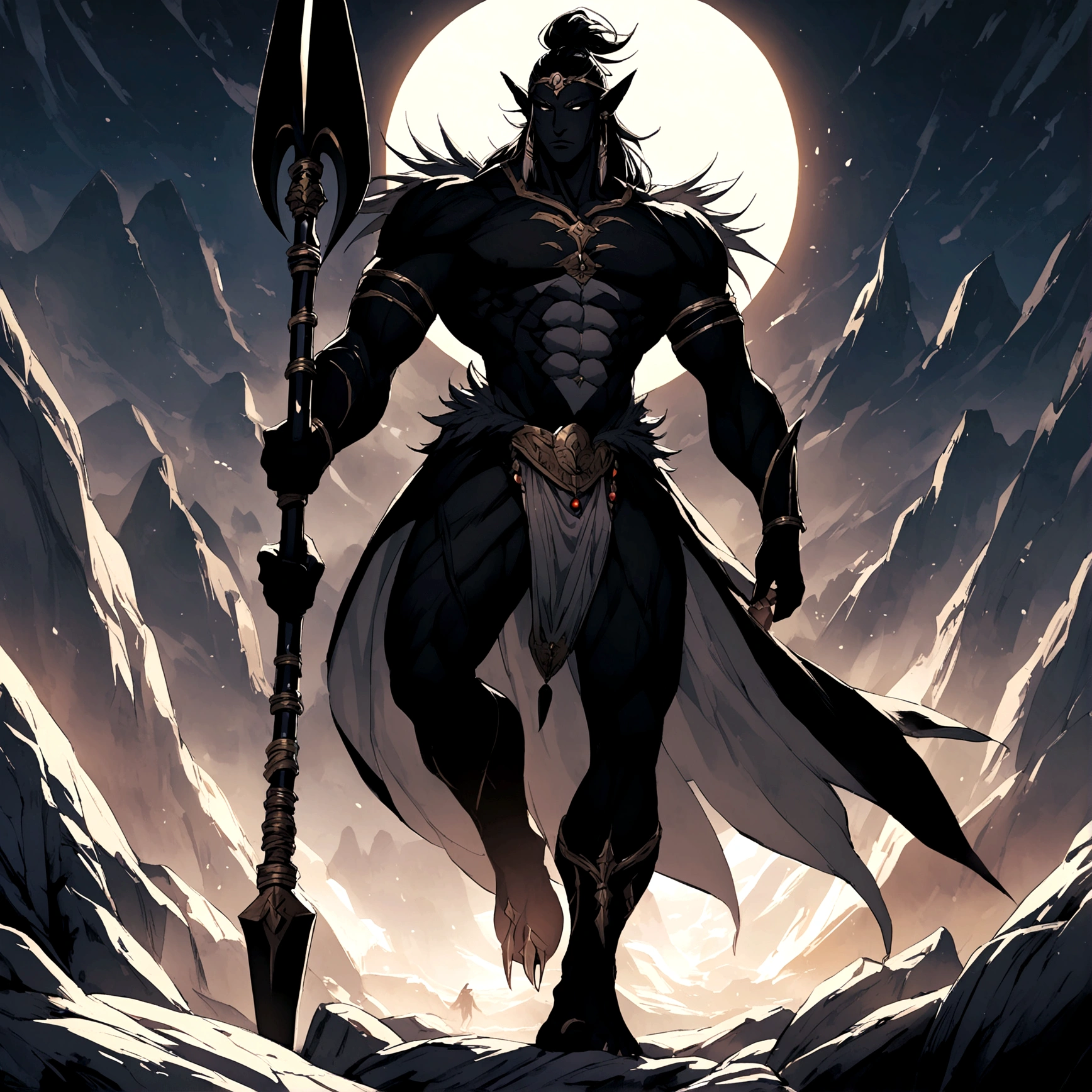 Tabletop RPG character, masculine, Khajiit, 180cm tall, athletic body, short black hair, golden fur with black details, small nose, amber eyes, one based on the sun, holding a stick.