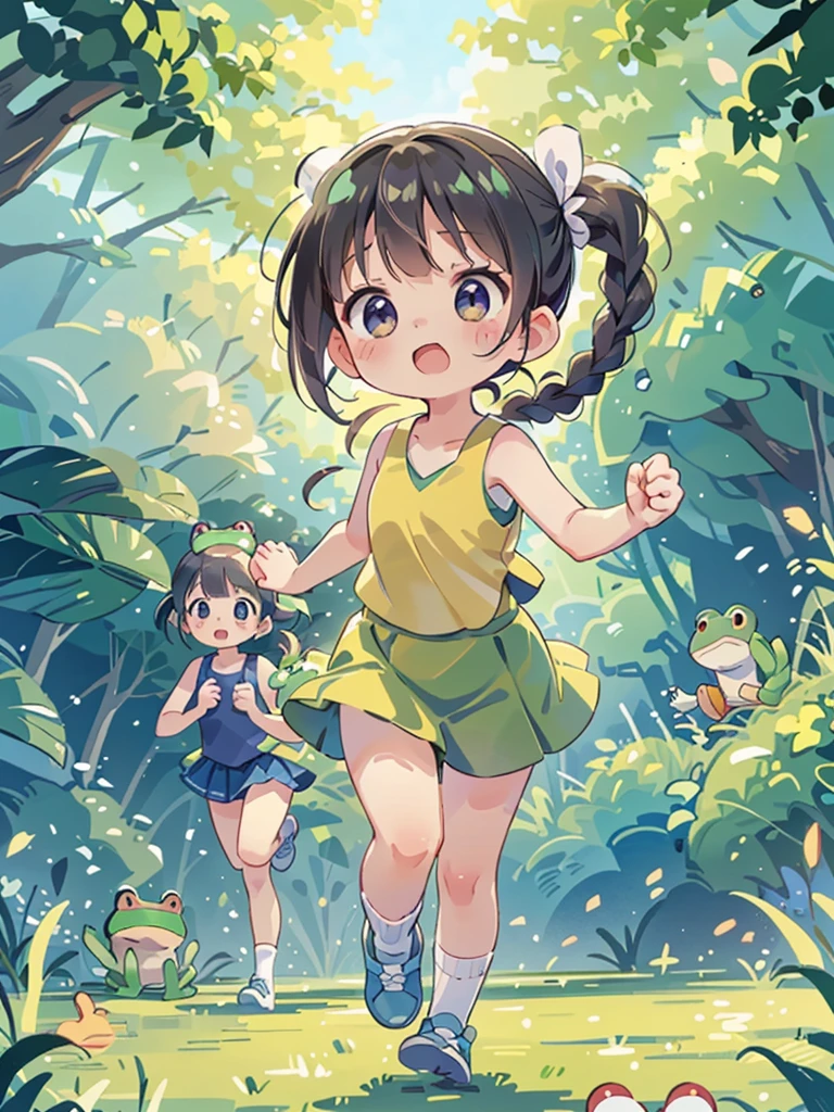 Highest quality、High resolution、Detailed Background、(Beautiful face in every detail:1.4)、Anatomically correct、(Detailed facial expressions)、(fine grain:1.2)、age Beauty、Cute hair color、Braided Ponytail、Braided bob cut、Braided twin tails、Lower grade primary school students, (Tank top、Vneck、mini skirt、Cute Shoes)、Perfect body line、A caterpillar is frightened and runs away:1.5、(Run away quickly!!:1.5, Run faster!!:1.5, Frog family cheers you on:1.5), I have tears in my eyes、An expression that looks like it's about to cry、Photographed from the front