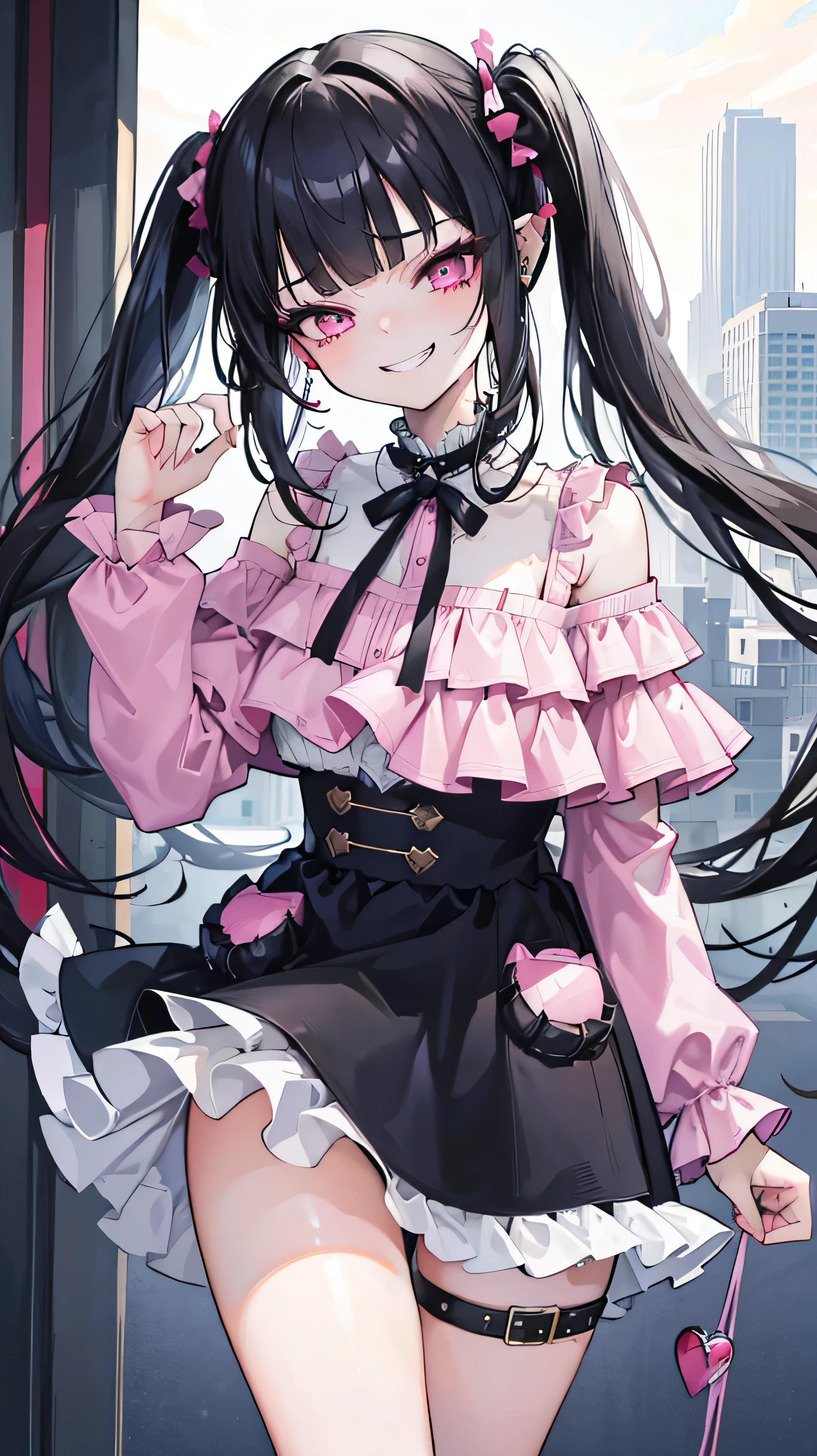 (8K、Highest image quality、highest quality、masterpiece)、detailed face、1 girl、black hair、long hair、twintails、blunt bangs、pink eyes、evil smile、((grin))、earringoderate chest、pink clothes、frills、((off shoulder))、black mini skirt、cowboy shot、burnig downtown background,evil huge laugh,lipstick,sadistic smile,deep shaded face,,smile worst,worst ridecule,evil moukery,,,two hands,five fingers