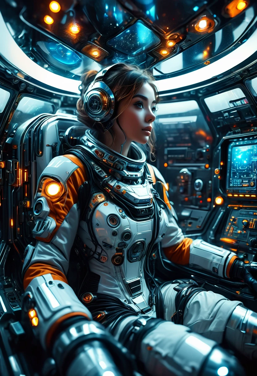 a futuristic astronaut in a space capsule, control panel, high-tech interior, metal and glass materials, atmospheric lighting, dramatic cinematic composition, intricate details, photorealistic, concept art style