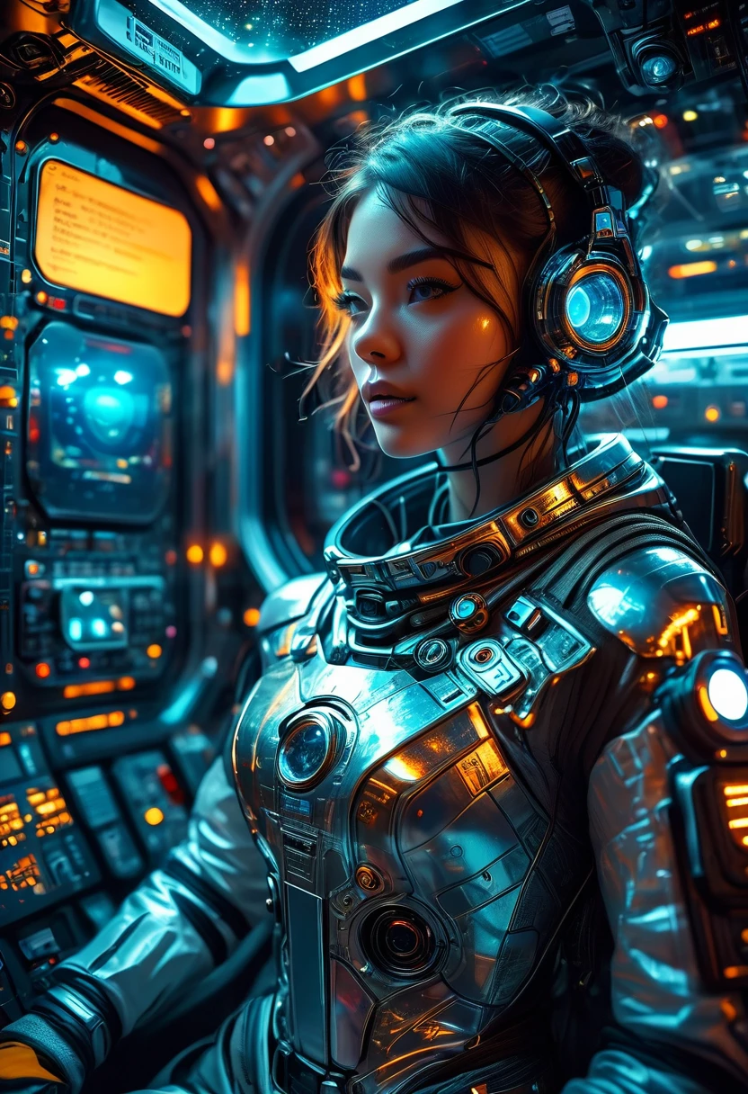 a futuristic astronaut in a space capsule, control panel, high-tech interior, metal and glass materials, atmospheric lighting, dramatic cinematic composition, intricate details, photorealistic, concept art style