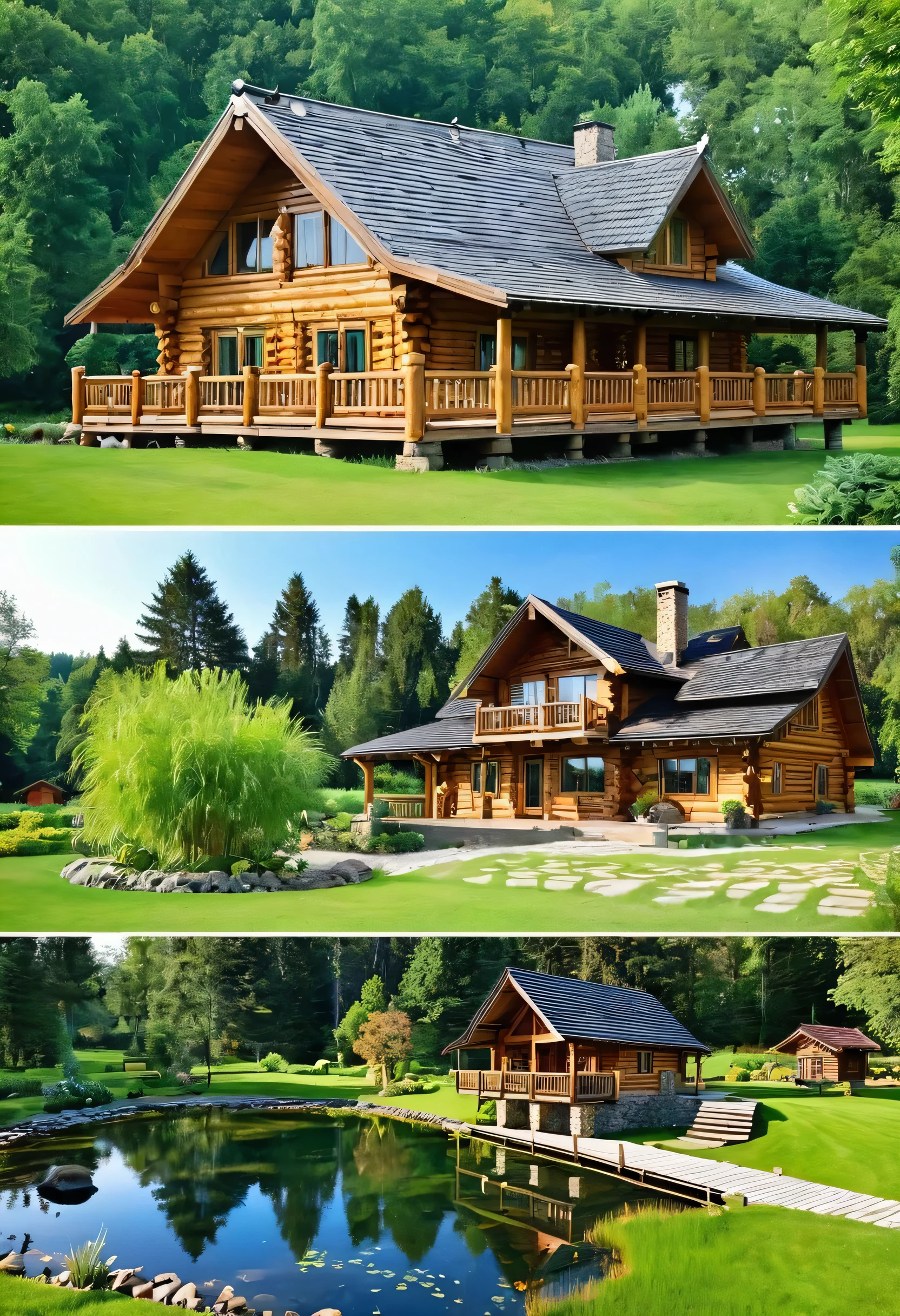 A majestic log cabin, nestled amidst a serene landscape, exudes a sense of tranquility and luxury. The cabin's rustic charm is enhanced by the surrounding gardens, complete with a series of interconnected ponds and a charming wooden bridge. The distant forest provides a breathtaking backdrop, creating a sense of harmony and peace.