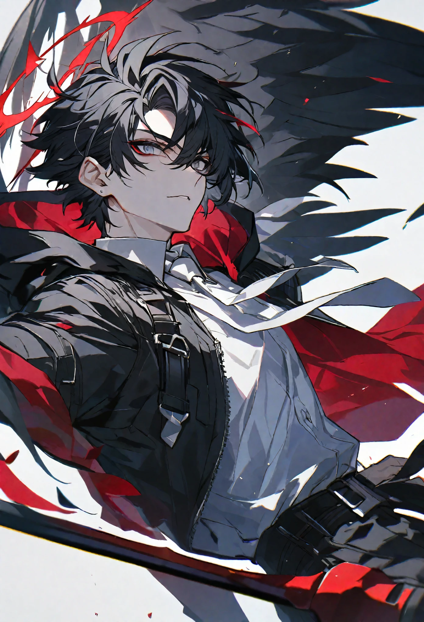 solo, handsome, 1 male, short hair, black hair and white color hair, pale eyes, white shirt, white tie, black hood, black wings, red halo, red scythe
