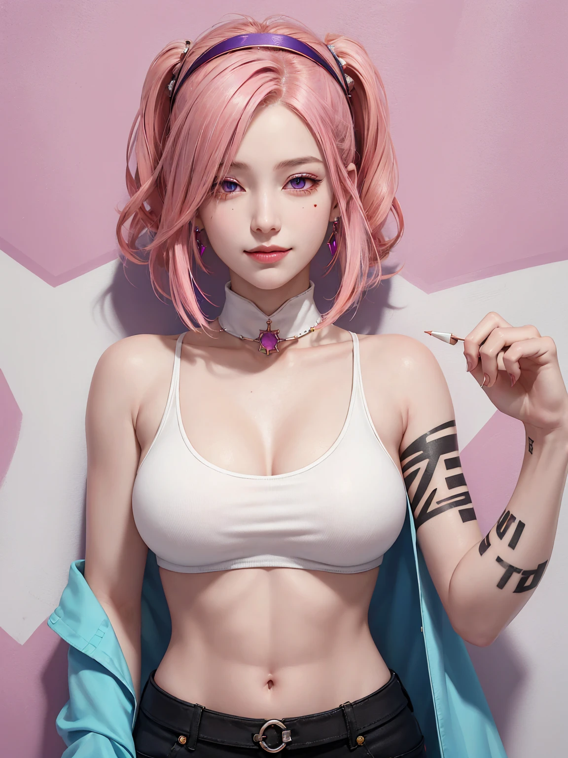 (Masterpiece, best quality, 1 girl, alone, complicated details, Chromatic aberration), realistic, ((Moderate breath)),long hair, pink hair, Red headpiece, Pink Highlights, hair on one eye,purple eyes, earring, sharp eyes, choker, Neon coat, She wears a collar, bangle, and kimono style garters., crop top, (symmetrical eyes),(Perfect symmetrical body),against the wall, Brick wall, (colorful graffiti words on the wall:1.2), The light is dim., alley ,Look at the viewer.、Dig the chest、smile、(sleeveless、Navel touch、Fitted turtleneck.)、street string hot pants、Thin bottom、Please build above the eaves..、Thin shoulders、in underwear、