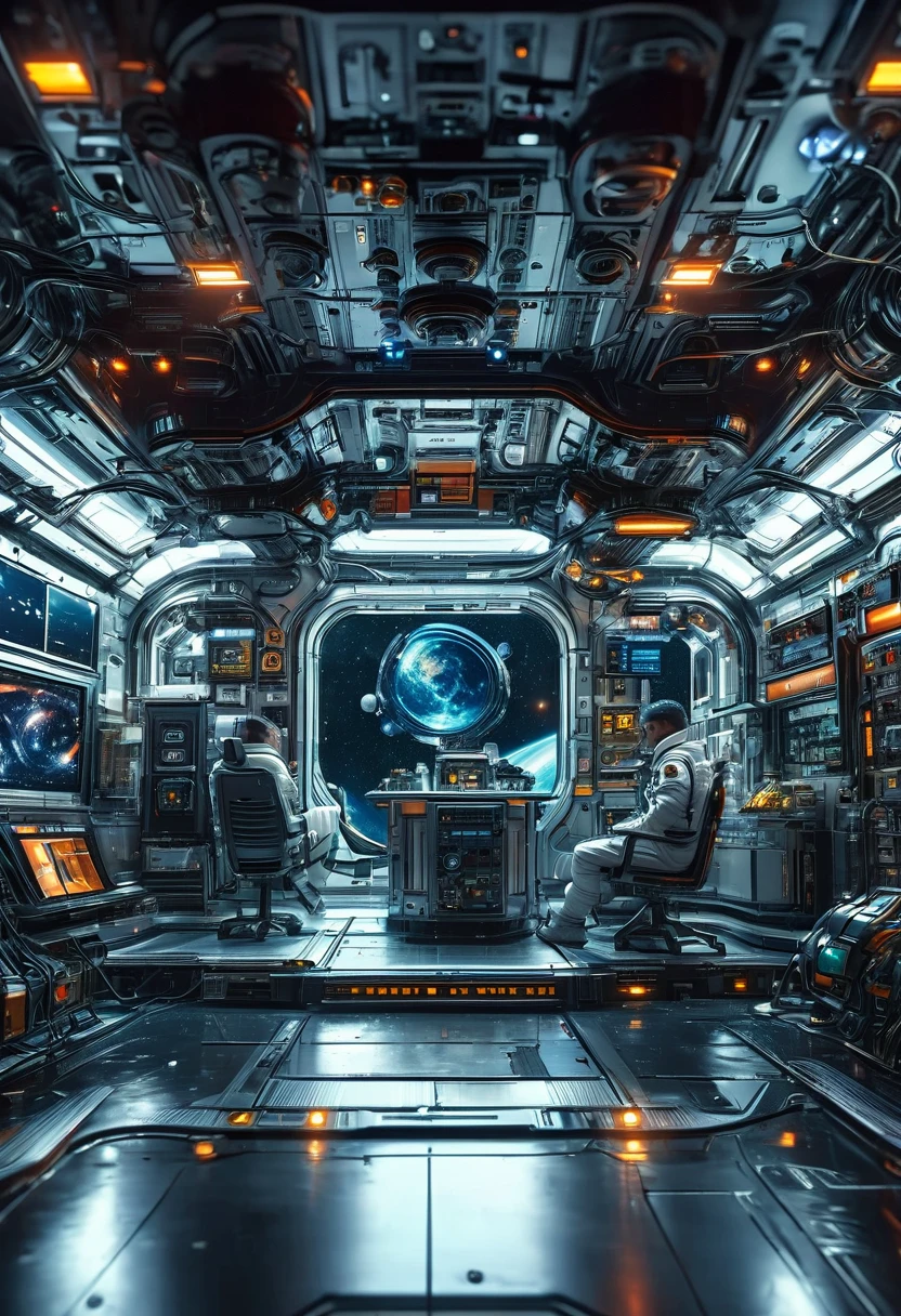 a highly detailed and realistic space station interior, 2 astronauts operating control panels, serious expressions, vast open space, dramatic lighting, cinematic camera angle, ultra-realistic environment, outstanding 8k quality, studio lighting, physically-based rendering, photorealistic, vibrant colors, intricate details, complex machinery, advanced technology, epic sci-fi atmosphere, cinematic composition