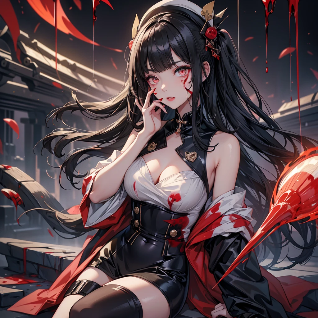 (masterpiece:1.2, Highest quality), (Actual Photos, Intricate details), (1 female, alone, Upper Body, Small breasts) ，With eyes wide open、Scary atmosphere、Distorted facial expressions、ねじれた笑face、Bloody、Bleeding from the head、Blood splatter、whole body、Punk Fashion、Long Hair、Long bangs、Twin tails、Black Hair、（（（Dark circles under the eyes）））、Pale skin、Feeling unwell、Pathological、邪悪な笑face、Crazy Eyes、（Grin）Dramatic makeup，Create mixed media art、White Background,Full body depiction on screen,whole body図,Well-built,Nice body,Shoulders wider,focus on,(face),Messy Hair,Yellow Eyes,(Glowing Eyes),(Blood splatter:1.7),Red light,笑face,big 笑face,tooth,psycho 笑face,gesugao,Dark city background,darkness,night,(close),Good Eyes, good teeth,Large Breasts,魅惑的な笑face,military hat,latex thigh high,Large Breasts,Black Hair,Pink Eyes,Pink leotard,pantyhose,Military coat,Patent leather suit,Glossy lips,Sitting,Bust Shot,サディスティックな笑face,,all,Shiny skin,Military coat,詳細なface,Beautiful body,whole body,Adult,whole body油まみれで光沢感がある　whole bodyから湯気が出ている　Steam like a sauna room fills the entire screen.　White breath from the mouth　In town　People who fight fear々　A fugitive々　Pedestrian precinct