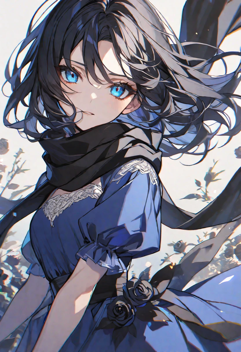 Solo, female, black hair, blue eyes, blue dress, black scarf, black roses