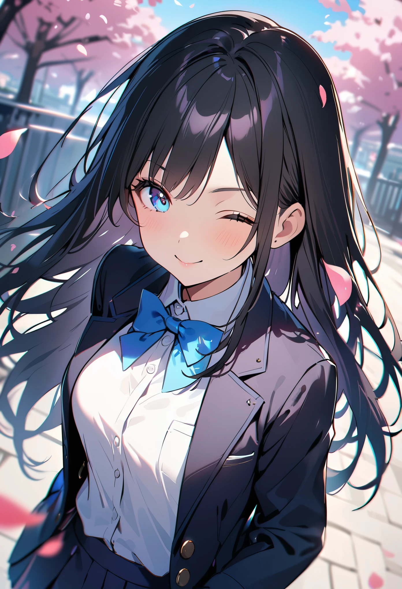 1 girl, long hair, black hair, straight hair, short bangs above brows, happy, 
BREAK (masterpiece), (high resolution 8K), cinematic lighting, professional lighting, detailed eyes and face, detailed body, 
BREAK , blazer, white shirt, blue bowtie, pleated skirt,  
BREAK cowboy shot, dutch angle, 
BREAK night, (depth of field:1.3), portrait, night view, light particles, 
