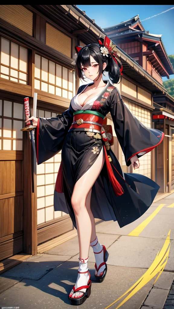 best quality, masterpiece, beautiful and aesthetic, 16K, (HDR:1.4), high contrast, bokeh:1.2, lens flare, vibrant color, cinematic lighting, ambient lighting, sidelighting, Exquisite details and textures, cinematic shot, Warm tone, bright and intense, wide shot, ultra realistic illustration, siena natural ratio, anime style, best quality, highres, lipstick, makeup, eyeliner, eyeshadow, detailed hair, detailed face, glowing eyes, bright pupils, pretty face, beautiful face, female only, female solo, 1girl, solo, straight ahead, right ahead, high heels, highheels, chiori / (genshin impact), vision_(genshin_impact), chiori, hair ornament, japanese clothes, kimono, flower, gloves, black gloves, hair flower, elbow gloves, pantyhose, sash, obi, long hair, thighhighs, choker sword,