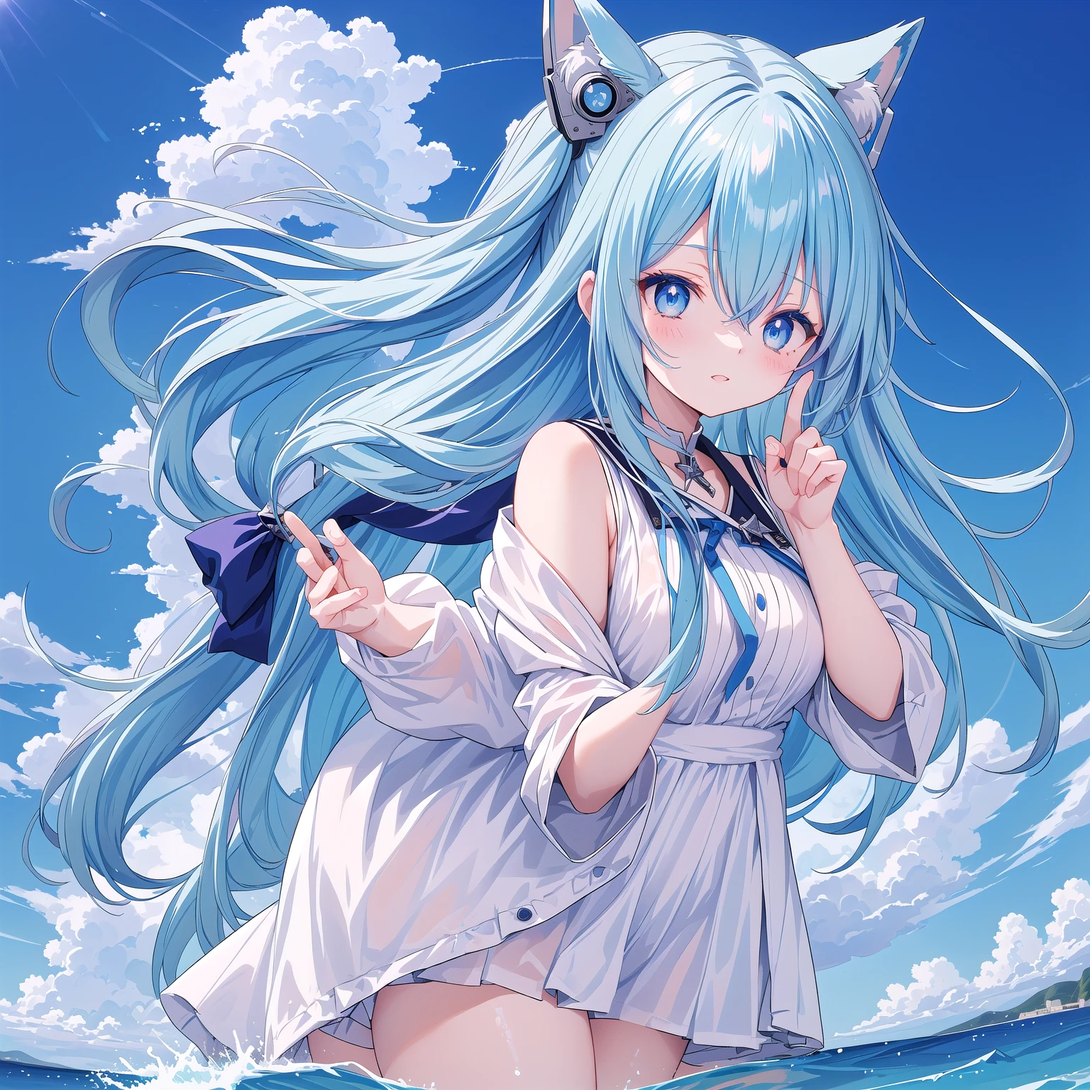 masterpiece, highest quality, solo, A young but chubby three year old girl with light blue curls cascading onto her back - of course with matching blue cat ears and a fluffy tail. Big Brown eyes. Wearing diaper. Baby.