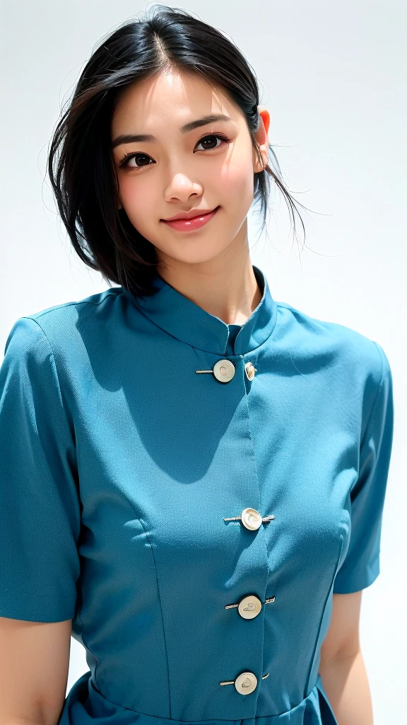 Highest quality、Blue ultra-thin, ultra-fitting, ultra-tight Ao Dai、((とてもかわいい12 years oldの少女、12 years old))、Keep your eyes down、Upper body、Black-haired、Ultra-detailed skin、Moisturized Skin、A shy smile、Details: Ultra-realistic sheer nipples and clearly visible areola