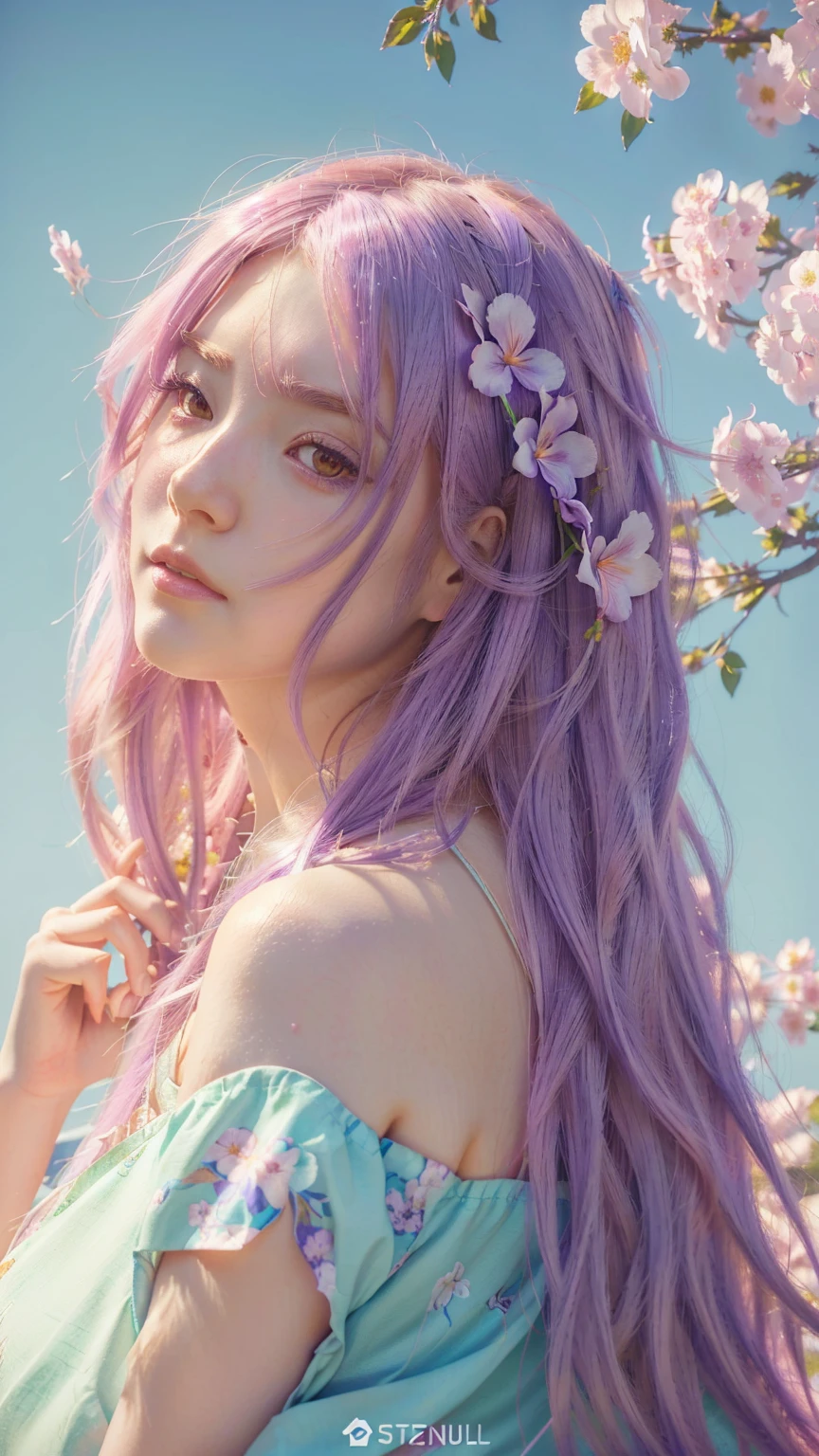 a beautiful anime girl with long,wavy purple hair,highly detailed face,big expressive eyes,small nose,full lips,delicate facial features,detailed clothing,intricate dress design,flowing fabric,detailed background,cherry blossom trees,soft lighting,pastel colors,cinematic composition,masterpiece,(best quality,8k,highres,extremely detailed,photo-realistic:1.4),digital art,concept art,anime style