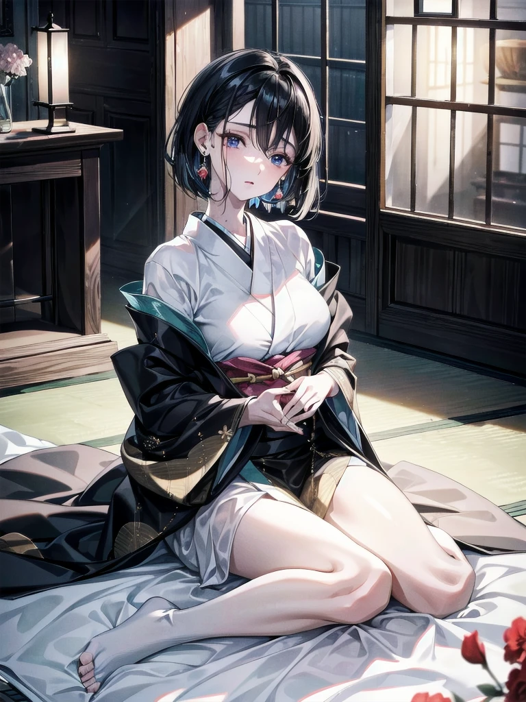 (masterpiece, best quality: 1.2), traditional Chinese ink painting, A cute 18 year old ?????????? with medium breasts, sexy white lace , Oversized dress :1.5, Couch, Ultra-detailed face, Detailed eyes, Double eyelid, sfw , evil smile:1.4 ,emphasizing slender abs :1.3, dark skin:2