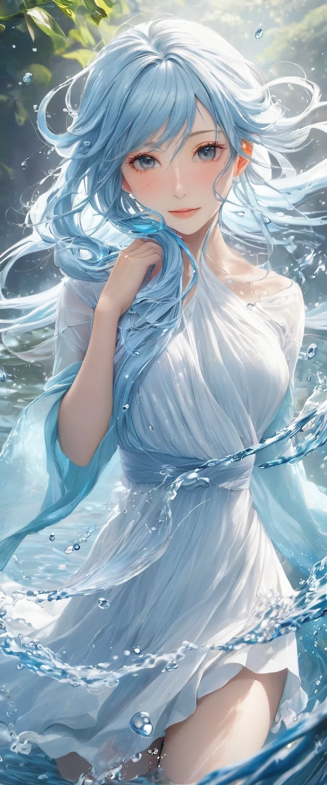One girl, Female Water Spirit, Light blue hair, Internal spring water, Put a few drops of water on your skin,