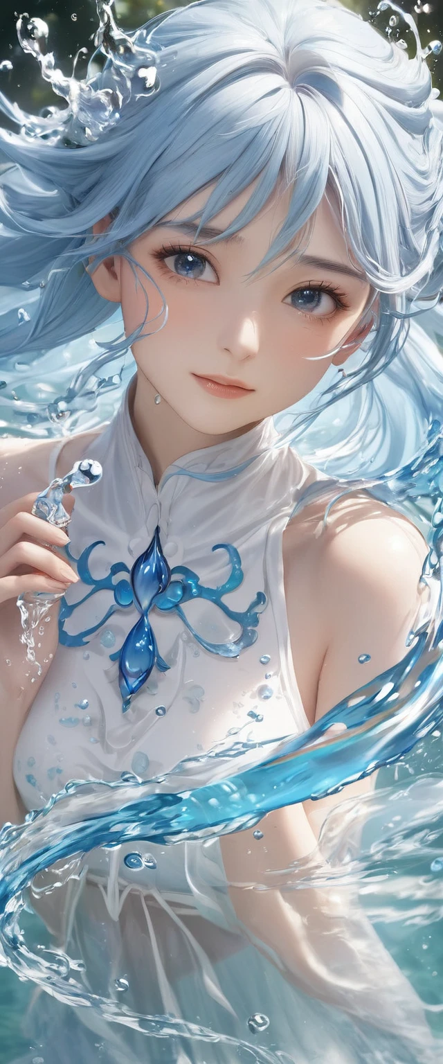One girl, Female Water Spirit, Light blue hair, Internal spring water, Put a few drops of water on your skin,