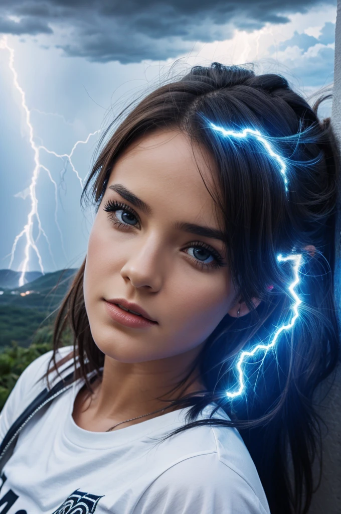 Girl child 10 years old, Russian ruivas in braids, com roupa de jaqueta de couro vermelha, fundo storm, ride into the storm, thunderbolt.