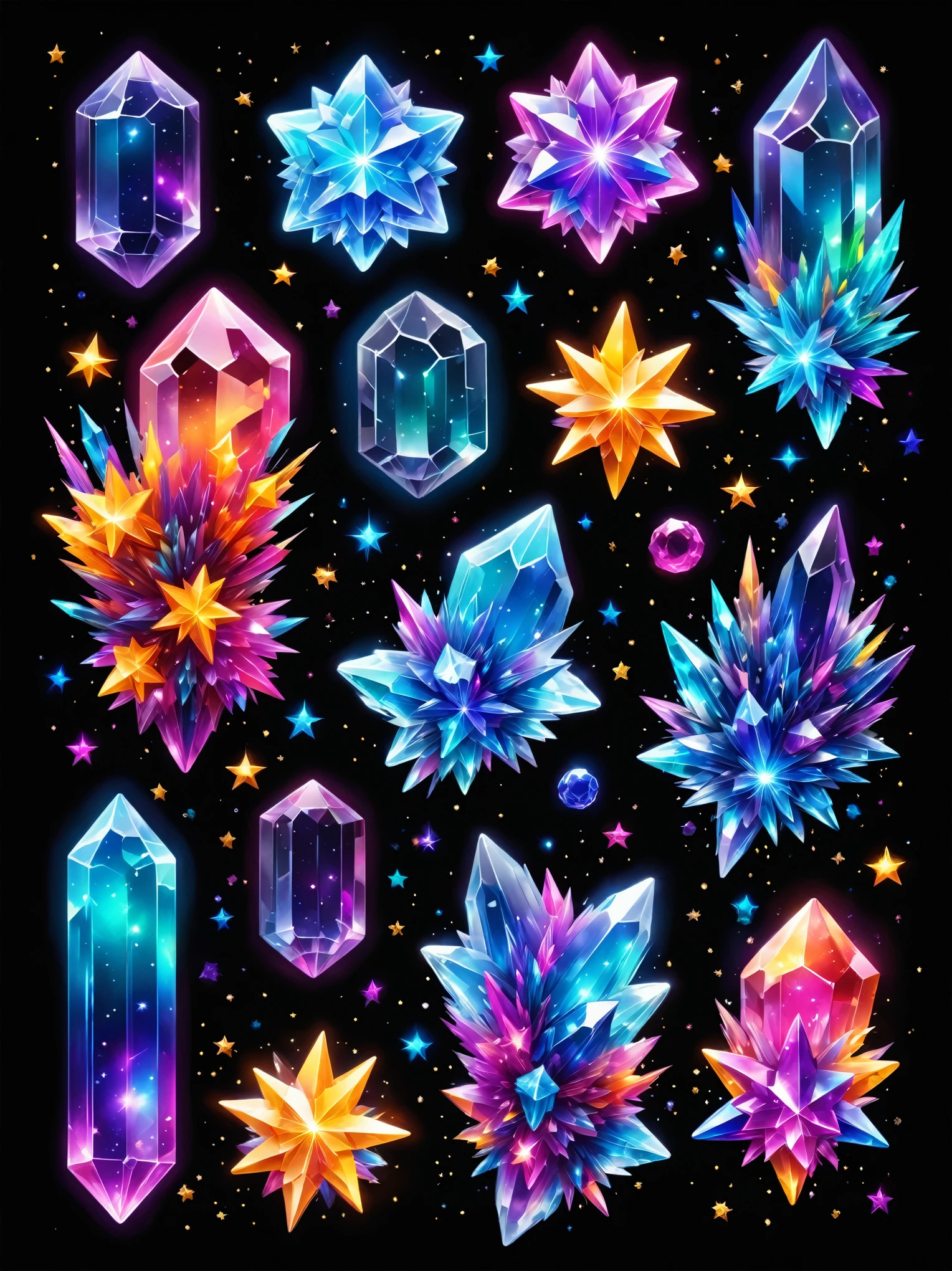 ((best quality)), ((masterpiece)), (detailed), magic crystals, neon crystals, luminous bright colorful crystals, shiny starry galaxy with colorful stars is on the background