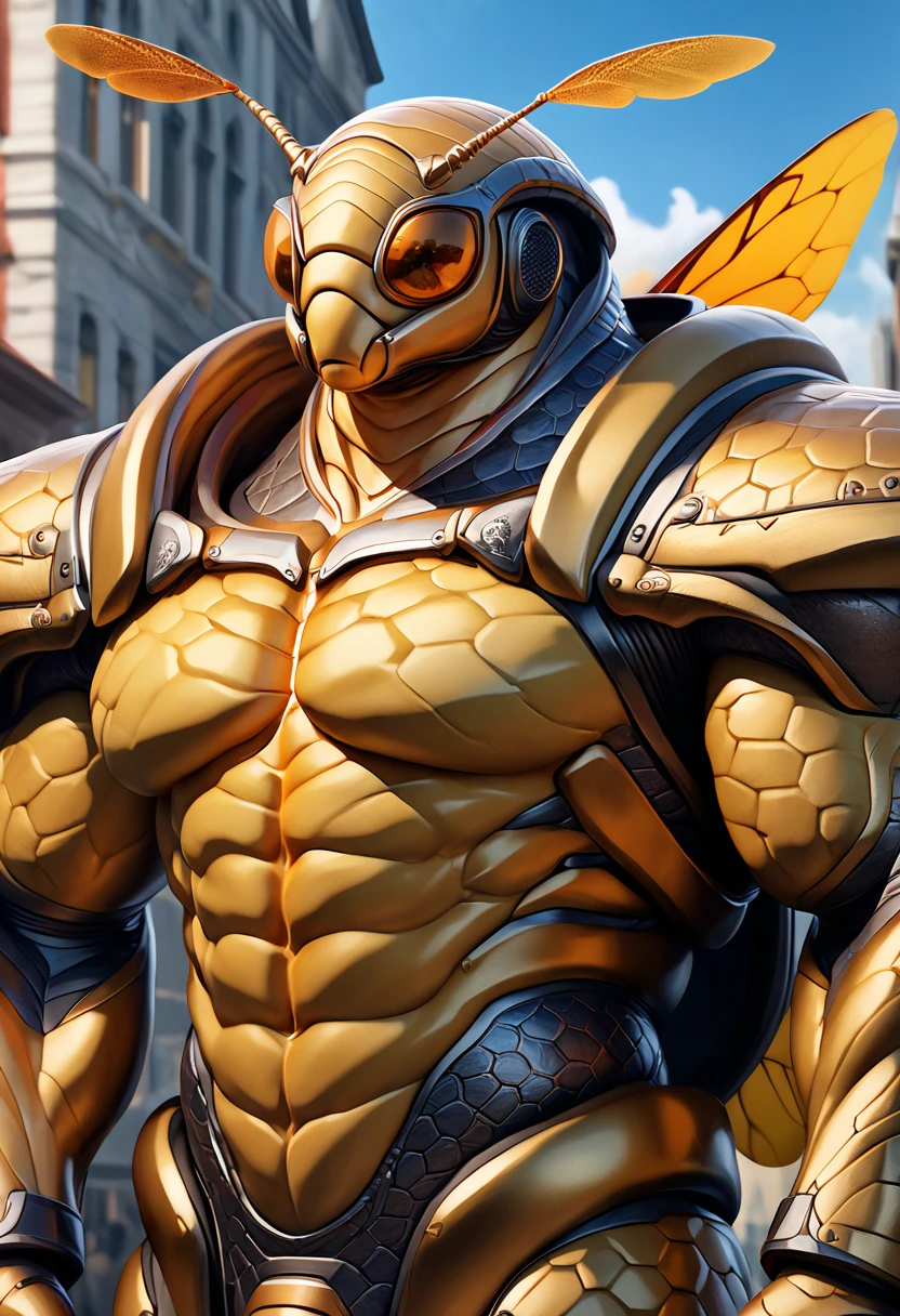(((intricate design))) (((professional))) (((clear focus))) (((32k UHD Resolution))) (((photorealistic))) (((hyper-detail))) (((masterpiece))), ultra-realistic, a digital render, expressive eyes, perfect face, mesmerising eyes, perfectly detailed anatomy, low contrast, (((Volumetric lighting))) (((cinematic lighting))) (((sunny))) (((1male))) hyper pecs, thick thighs, ((tall muscular man male humanoid)), bald, humanoid yellow skin, bee anatomy, deity, god of honey bees, humanoid black & yellow skin tone, yellow hue, powerful humanoid appearance, compound eyes, stinger, abdomen, metallic scales, scales. Metallic armour, wings, elf ears, glossy skin, large smirking face, flying in the sky, mandibles, Antenna, honey, ((male muscular stripe black & yellow humanoid insect honey bee)) (((yellow skin))), (((black skin))) oily skin, (((in a capital city town))) orange goggles,