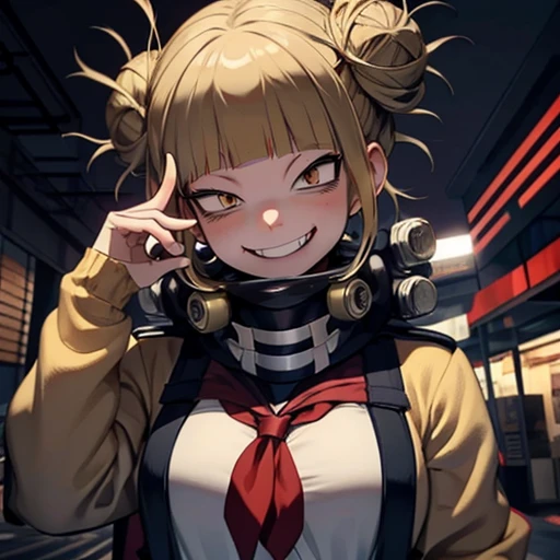 **Himiko Toga (Boku no Hero Academia):** Blonde hair, tied in two messy buns on each side of her head, with some loose strands. Yellow eyes with small, thin pupils. Face with an often sadistic smile and, sometimes, a manic expression. Outfit consists of a Japanese  with short skirt and sailor blouse, modified with a thick, voluminous scarf that hides tubes attached to containers on her belt. Equipment includes syringes and blades to collect blood from victims. Overall style combines innocent appearance with dark and disturbing elements, mixing school elements with villainous accessories.