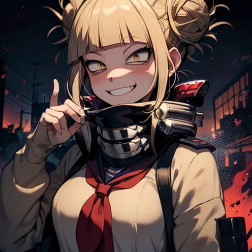 **Himiko Toga (Boku no Hero Academia):** Blonde hair, tied in two messy buns on each side of her head, with some loose strands. Yellow eyes with small, thin pupils. Face with an often sadistic smile and, sometimes, a manic expression. Outfit consists of a Japanese  with short skirt and sailor blouse, modified with a thick, voluminous scarf that hides tubes attached to containers on her belt. Equipment includes syringes and blades to collect blood from victims. Overall style combines innocent appearance with dark and disturbing elements, mixing school elements with villainous accessories.