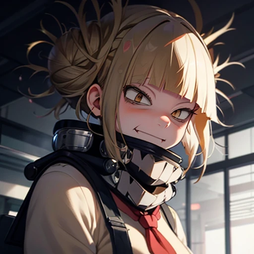 **Himiko Toga (Boku no Hero Academia):** Blonde hair, tied in two messy buns on each side of her head, with some loose strands. Yellow eyes with small, thin pupils. Face with an often sadistic smile and, sometimes, a manic expression. Outfit consists of a Japanese  with short skirt and sailor blouse, modified with a thick, voluminous scarf that hides tubes attached to containers on her belt. Equipment includes syringes and blades to collect blood from victims. Overall style combines innocent appearance with dark and disturbing elements, mixing school elements with villainous accessories.