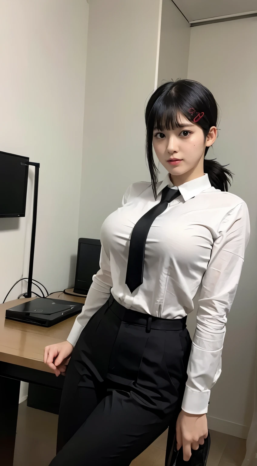 Highest quality、Ultra-high resolution、Professional Lighting、Detailed Background、workroom、full body,Kobeni-chan、A sloppy smile、25-year-old woman、beautiful girl、(Kobeni-chan、Jet black hair, Black Hair, bangs, One-sided hair,)、(Red Hair Clip:1.1)、(White shirt:1.2)+(Black tie:1.2)+(black long pants for work:1.2)、(Huge breasts that look like they might burst:1.2)、(Big thighs:1.1)、Are standing、Model pose