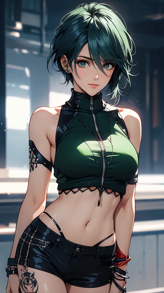 1 Female, Tamaki, green short hair, hair between eyes, (detailed eyes:1.3), See-through blouse, Tank top, cargo pants