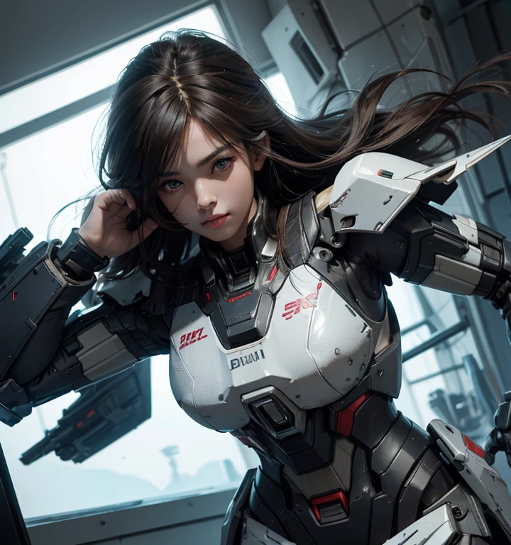 Textured skin, Super Detail, high details, Best Quality, hight resolution, 1080p, hard disk, a beauty,She wears a futuristic Gundam mecha,(Gundam),Fulll body Shot
