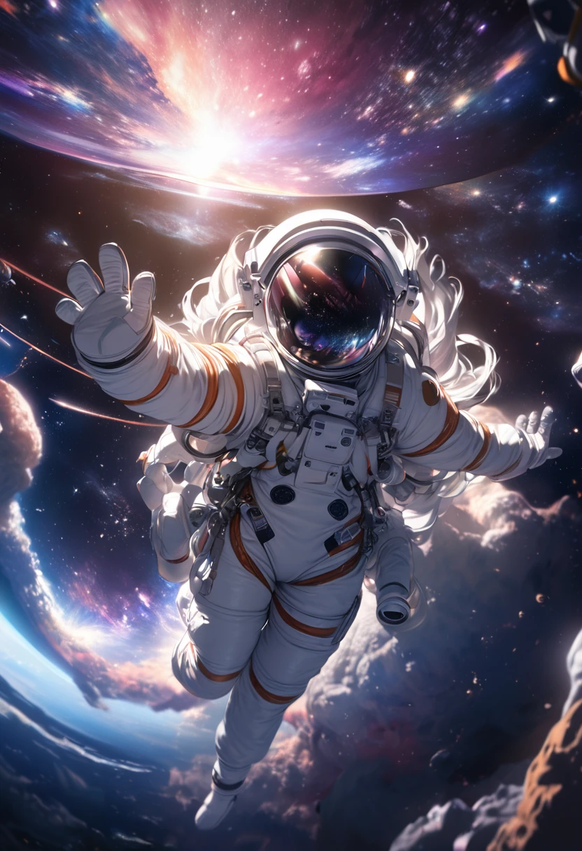A beautiful cute girl,beautiful detailed eyes,beautiful detailed lips,extremely detailed face,1girl,smooth and seamless astronaut suit, black suits, astronaut transparent full-face helmet, face through helmet visor:1.3, skin-tight sexy spacesuit,zero gravity,futuristic,floating body,spacewalk in zero gravity,hyper detailed,16k,photorealistic:1.37,masterpiece,cinematic lighting,vibrant colors,dramatic lighting,glowing spacesuit,space backdrop,nebula sky,volumetric lighting,professional 3d render